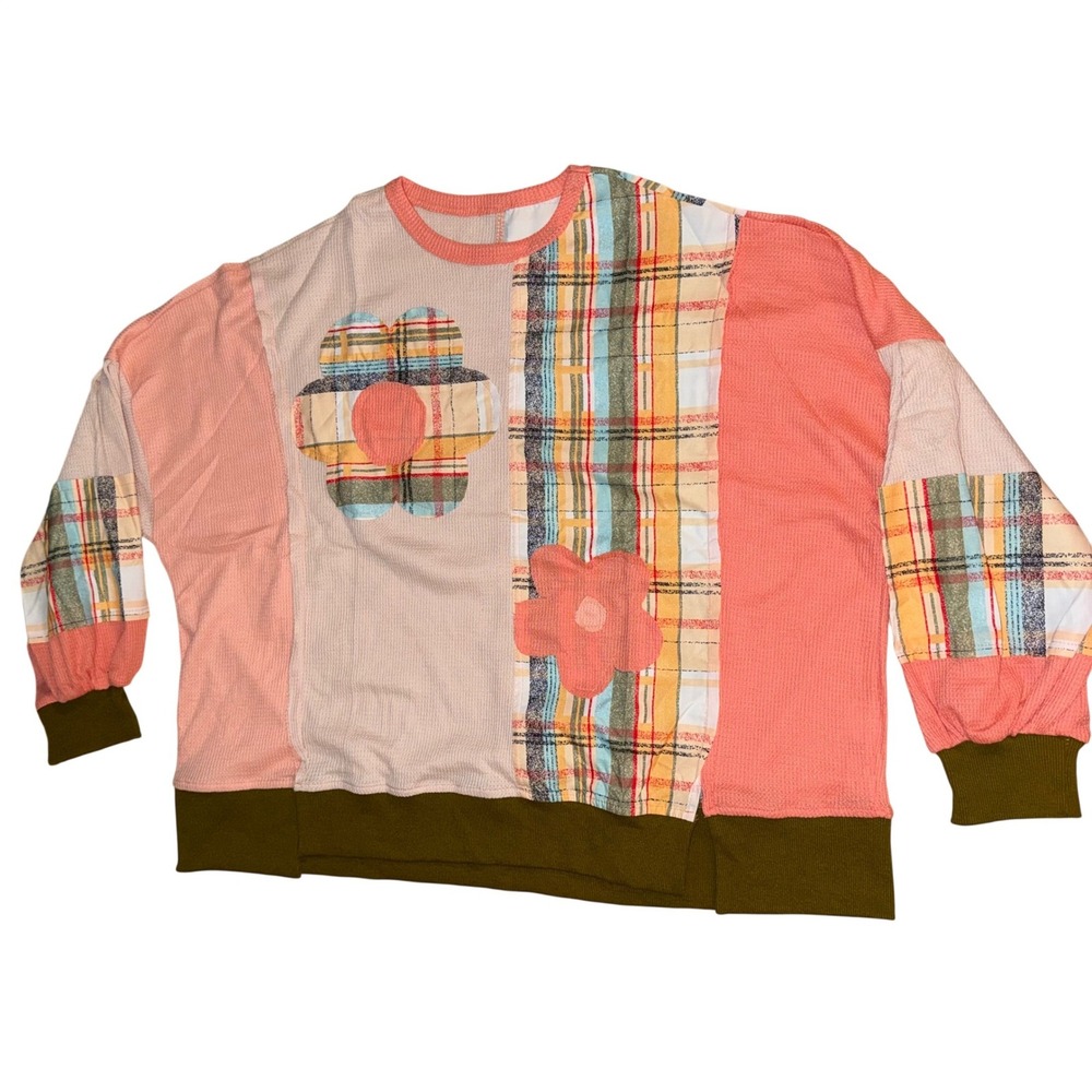 Patchwork Plaid‎ Colorblock Long Sleeve Top Women Pink Green Beige Multicolored